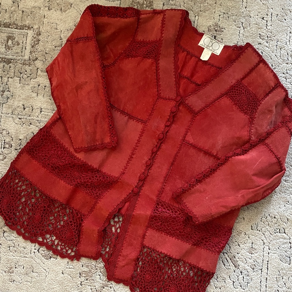 Red Crochet Leather Patch Jacket - image 2